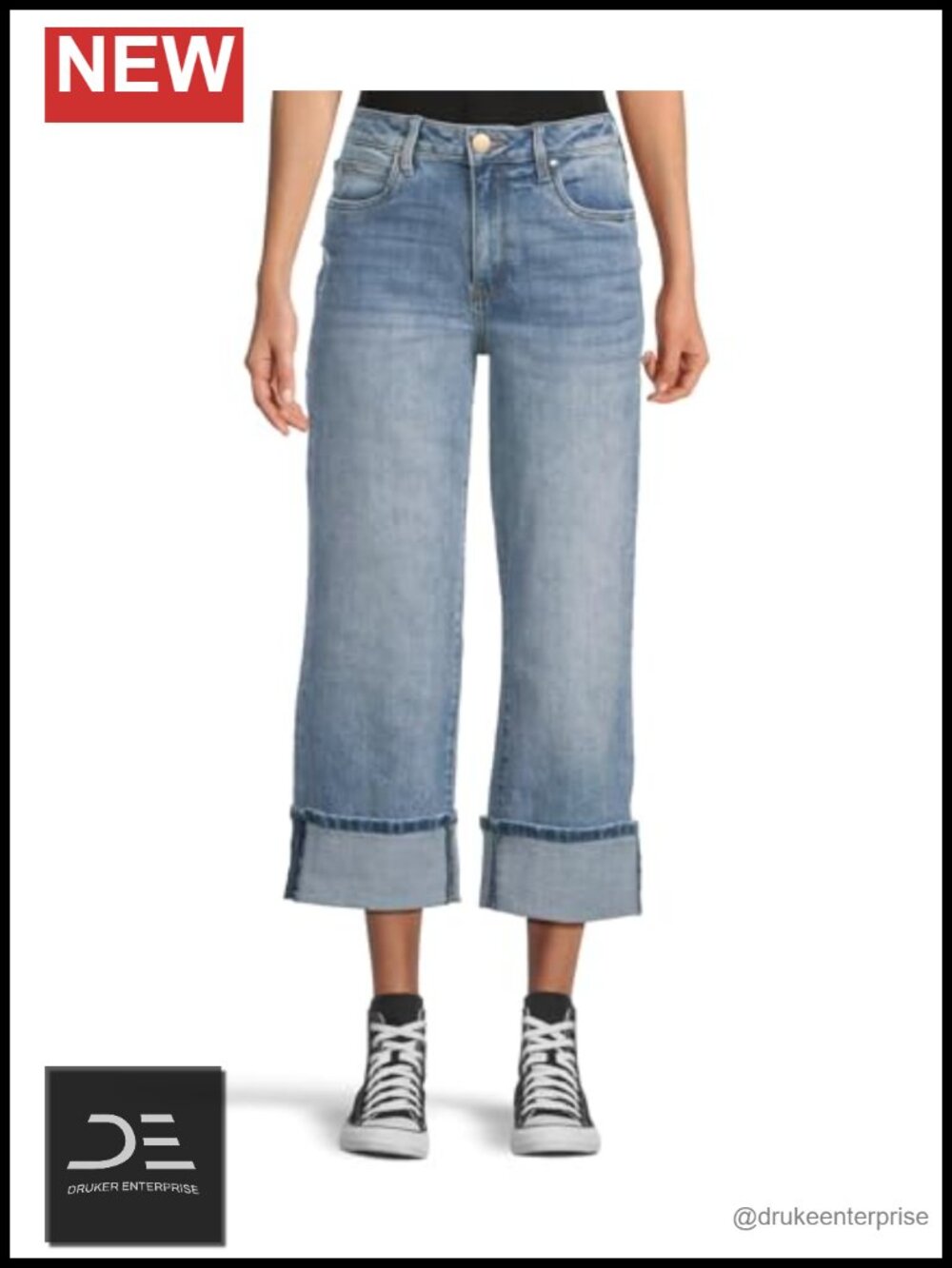 High Rise Wide Leg Roll-Up Jeans with 5-Inch Inseam, Cotton Blend, Stretchable